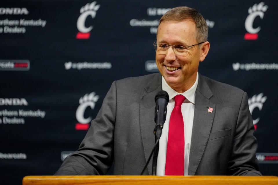 New University of Cincinnati head football coach Scott Satterfield speaks during a press conference at the University of Cincinnati’s Fifth Third Arena in Cincinnati on Monday, Dec. 5, 2022. Satterfield holds a 76-48 record as a head coach at the University of Louisville and Appalachian State.