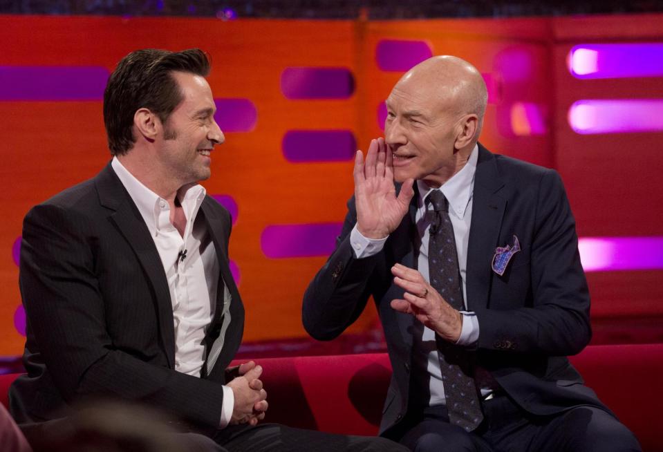 Waving goodbye: Hugh Jackman and Sir Patrick Stewart (So TV/PA)