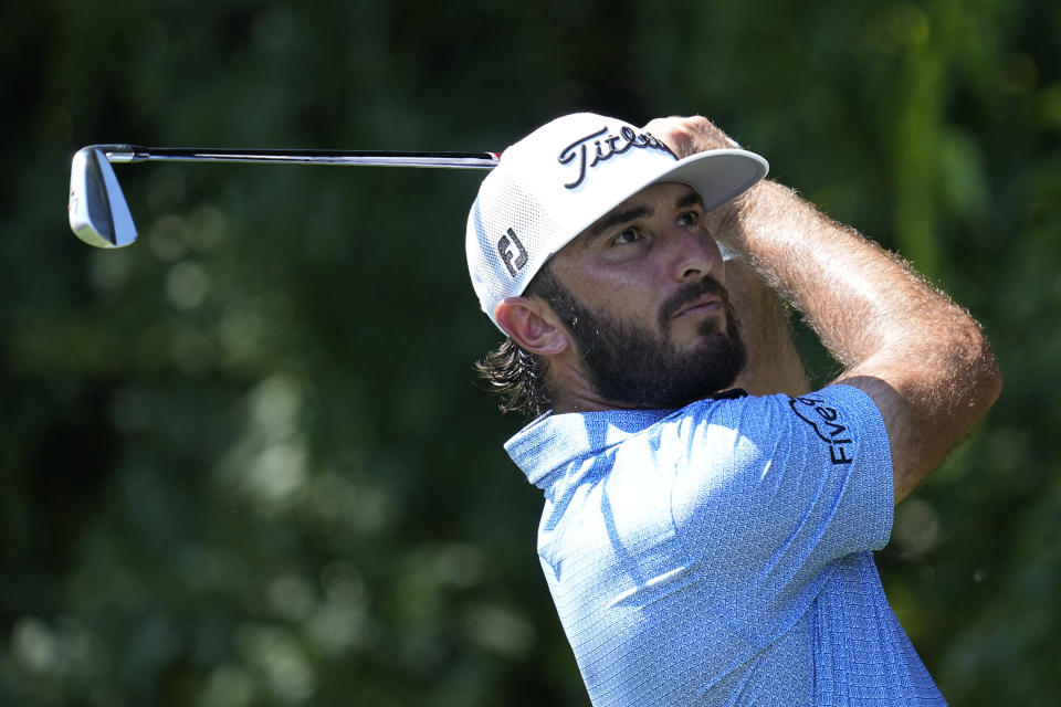 FILE - Max Homa watches his tee shot on the second hole during the third round of the Tour Championship golf tournament at East Lake Golf Club Saturday, Aug. 27, 2022, in Atlanta. Homa will compete on the American team at the Presidents Cup beginning Thursday, Sept. 22. (AP Photo/File)