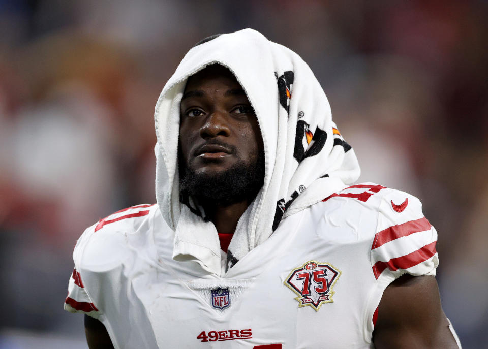 INGLEWOOD, CALIFORNIA - AUGUST 22: Brandon Aiyuk #11 of the San Francisco 49ers leaves the field in a 15-10 win during a preseason game between the Los Angeles Chargers and the San Francisco 49ers at SoFi Stadium on August 22, 2021 in Inglewood, California. (Photo by Harry How/Getty Images)