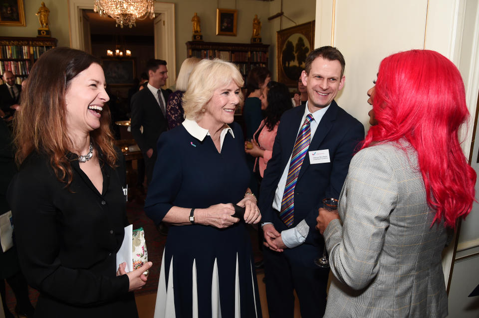 LONDON, ENGLAND - FEBRUARY 12: Camilla, Duchess of Cornwall meets CEO of SafeLives Suzanne Jacob (L), Duncan Shrubsole and Jennifer Steele during a reception to acknowledge the 15th anniversary of domestic abuse charity SafeLives at Clarence House on February 12, 2020 in London, England.  (Photo by Eamonn M. McCormack/Getty Images)