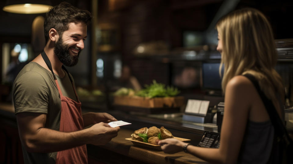 A grinning customer being handed a gift card to enjoy their next meal.