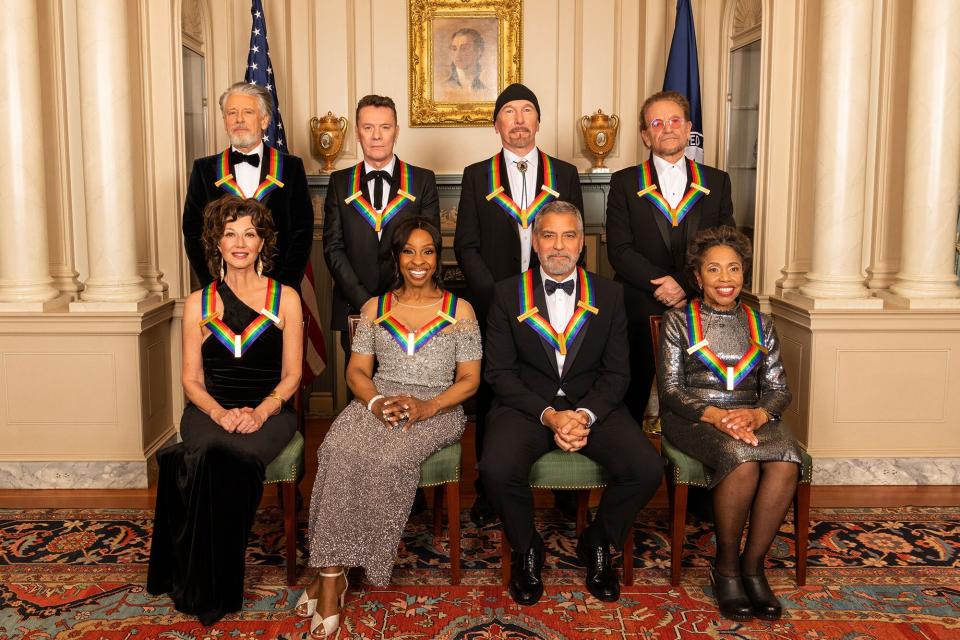 U2 members Adam Clayton, Larry Mullen Jr., The Edge, and Bono. Pictured (L-R bottom row) Amy Grant, Gladys Knight, George Clooney, and Tania León were recognized for their achievements in the performing arts during THE 45TH ANNUAL KENNEDY CENTER HONORS