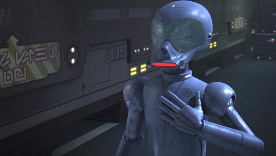 Blueish protocol droid AP-5 with his hand over his chest on Star Wars Rebels