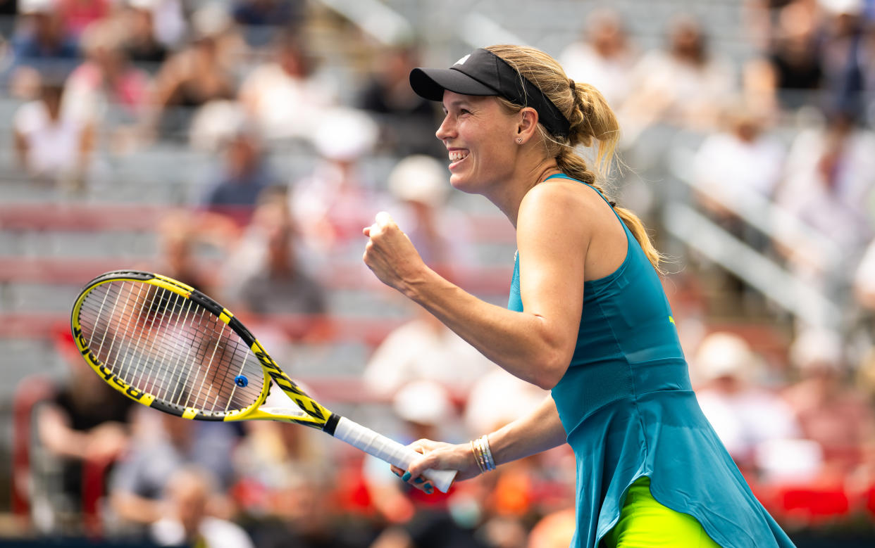 Caroline Wozniacki won in straight sets in her first competitive tennis match since January 2020. (Robert Prange/Getty Images)