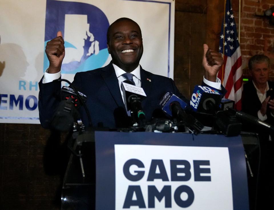 Democrat Gabe Amo celebrates as Rhode Island's newly elected congressman on Nov. 7.