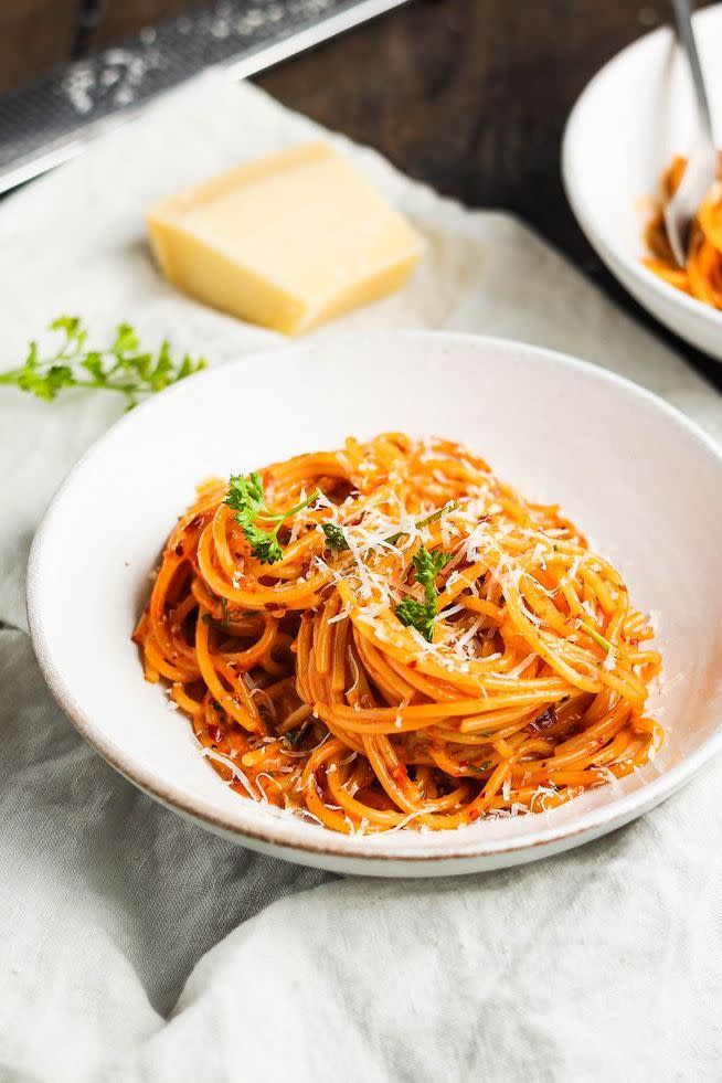 <p>Nduja <a href="https://www.delish.com/uk/cooking/recipes/g35898884/one-pot-recipes/" rel="nofollow noopener" target="_blank" data-ylk="slk:pasta" class="link ">pasta</a> is one of our go-to meals. The soft, spicy salami is from the Calabrian region of Italy and is absolutely delicious with <a href="https://www.delish.com/uk/cooking/recipes/g33432952/best-pasta-recipes/" rel="nofollow noopener" target="_blank" data-ylk="slk:pasta" class="link ">pasta</a>.</p><p>Get the <a href="https://www.delish.com/uk/cooking/recipes/a38209607/nduja-pasta/" rel="nofollow noopener" target="_blank" data-ylk="slk:Nduja Pasta" class="link ">Nduja Pasta</a> recipe.</p>