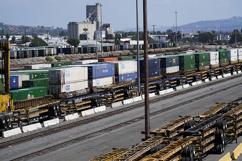 Freight train cars at Union Pacific rail yard in Commerce, Calif.