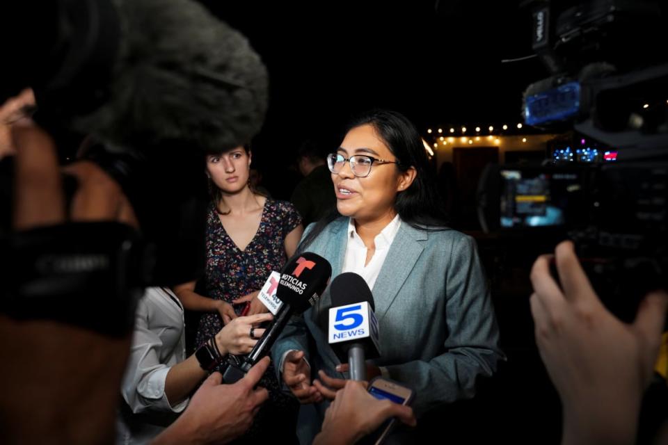 <div class="inline-image__caption"><p>Democrat Jessica Cisneros, who is campaigning for a House seat, gives an interview after speaking to her watch party attendees in Laredo, Texas on March 3, 2020. </p></div> <div class="inline-image__credit">REUTERS</div>