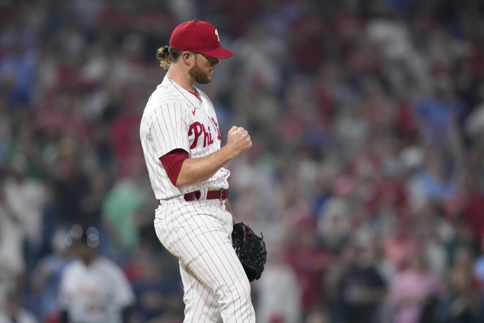 Philadelphia Phillies pitcher Craig Kimbrel celebrates after the Phillies won a baseball game against the Detroit Tigers, Tuesday, June 6, 2023, in Philadelphia. (AP Photo/Matt Slocum)