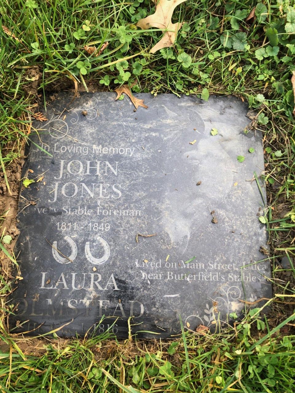 Nancy West of Rocky Mount, North Carolina, had a marker placed on the approximate site of her great-great-great-grandfather John Jones' grave in Forest Hill Cemetery in Utica. Jones died in 1849 and was originally buried in Potter's Field Cemetery, but was among the thousands disinterred in 1916 to make way for a playground. A drawing of a horse's head on the marker reflects Jones' job as a livery stable foreman and his descendant's own love of horses.