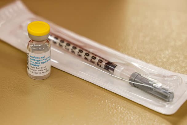 PHOTO: A vial containing the monkeypox vaccine and a syringe is set on the table at a vaccination clinic run by the Mecklenburg County Public Health Department in Charlotte, N.C., Aug. 20, 2022.  (Nell Redmond/AP, FILE)