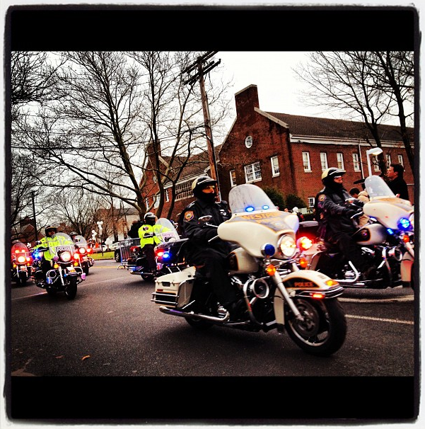 Motorcade leaving the funeral of 6-year-old Newtown victim Noah Pozner, at Abraham L. Green & Son Funeral Home. (Dylan Stableford/Yahoo! News)