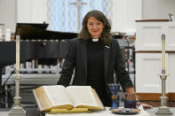 Rev. Lori Walke, senior minister at Mayflower Congregational Church, poses for a portrait in the church, Friday, Aug. 12, 2022, in Oklahoma City. "Among my colleagues the conversation has been: 'This is a risk we have to be willing to take because abortion bans are against our religion,' to put it directly," Walke said, adding that sometimes advocacy work by faith leaders includes the possibility of arrest and incarceration. (AP Photo/Sue Ogrocki)