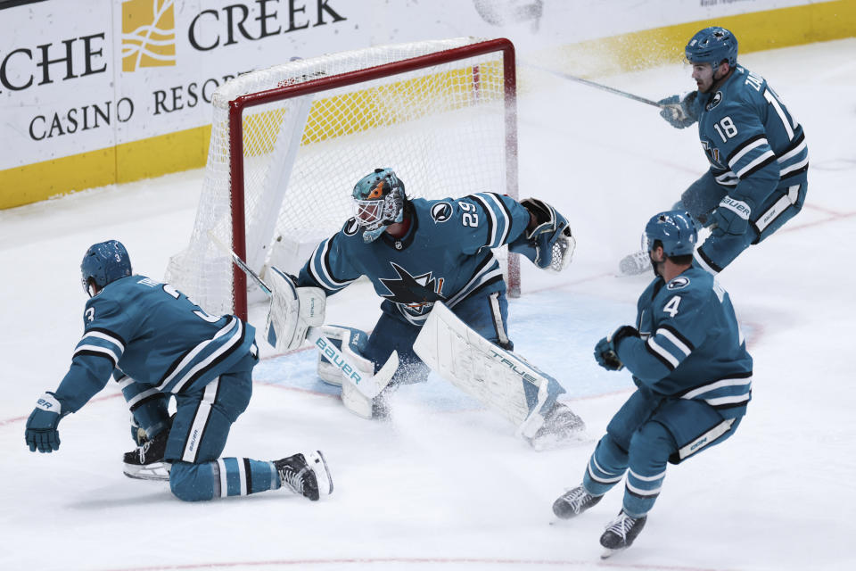 San Jose Sharks goalie Mackenzie Blackwood (29) defends the net during the third period of the tea's NHL hockey game against the Los Angeles Kings on Thursday, April 4, 2024, in San Jose, Calif. The Kings won 2-1. (AP Photo/Benjamin Fanjoy)