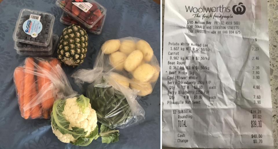 A customer took to Facebook to complain about how little fruit and veg they got for $30 at Woolworths, but some online said it wasn't 'too bad.' Source: Facebook