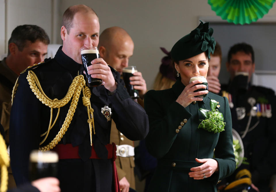 Wiliam, Duke of Cambridge and Catherine, Duchess of Cambridge meets with Irish Guards after attending the St Patrick's Day parade at Cavalry Barracks in Hounslow, where they presented shamrock to officers and guardsmen of 1st Battalion the Irish Guards on March 17, 2019 in Hounslow, England.&nbsp; (Photo: WPA Pool via Getty Images)