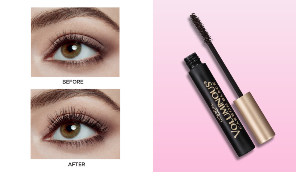 before and after image comparisons of mascara use and tube of L'Oreal Voluminous Mascara used by Reba McEntire