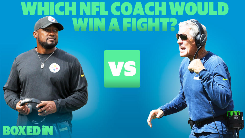 Liz Loza, Charles Robinson and comedian Roy Wood, Jr. debate which NFL coach is more likely to win a fight: Mike Tomlin or Pete Carroll. (Getty Images/Yahoo Sports)