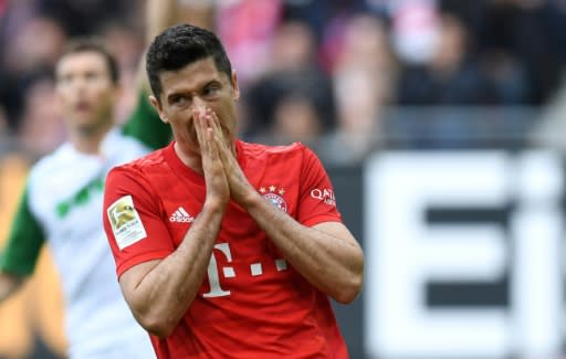 Bayern Munich's Polish striker Robert Lewandowski shows his frustrations in Saturday's 2-2 draw at Augsburg