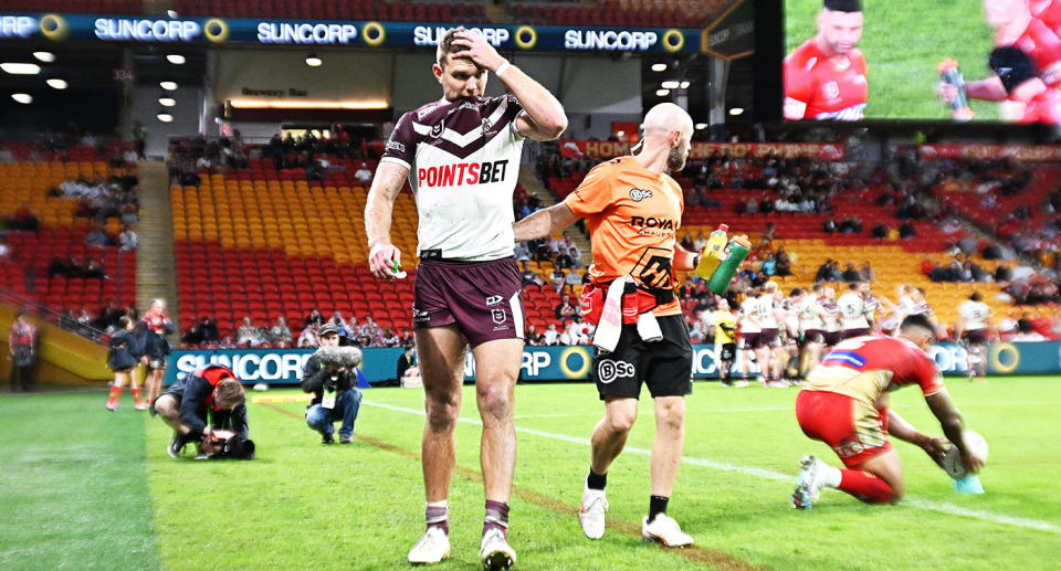 Seen here, Tom Trbojevic after suffering a hamstring injury for Manly against the Dolphins.