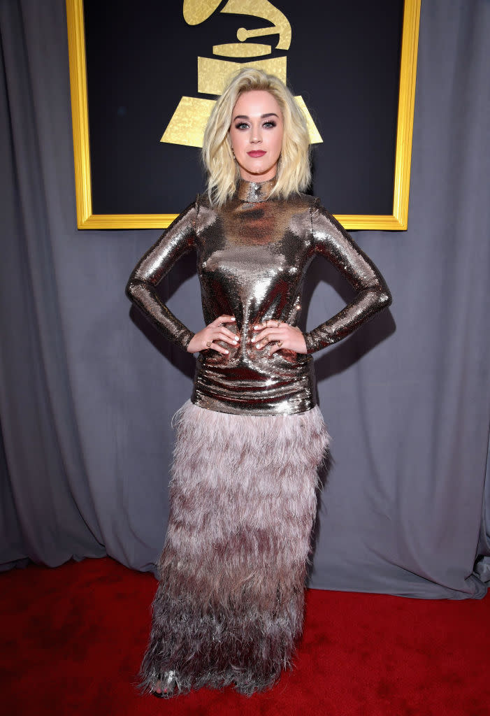 <p>We’re used to seeing the singer make unique red carpet choices, but this Tom Ford gold-sequined metallic gown-feather skirt number was a major fashion mishap. The gown almost looked like two separate pieces. From the waist up, the singer looks stunning, we’ll give her that. </p>