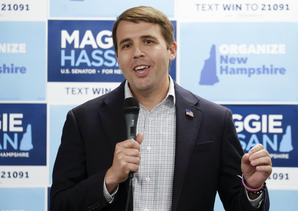 FILE - U.S. Rep. Chris Pappas, D-N.H., speaks during an organizing event on Oct. 29, 2022, in Portsmouth, N.H. Pappas and Republican challenger Karoline Leavitt met in Manchester, N.H., for their final debate on Thursday, Nov. 3. (AP Photo/Mary Schwalm, File)