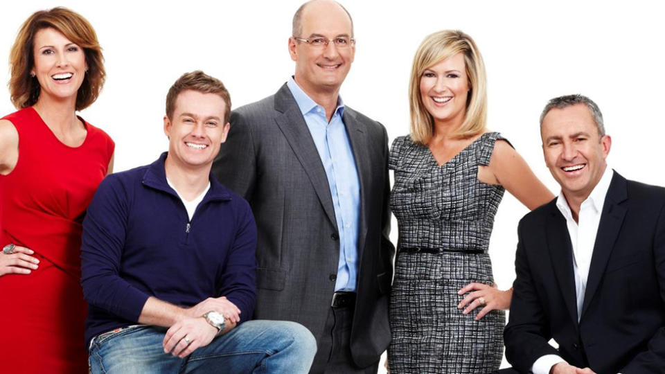 Grant Denyer (second from left) has revealed he used to try to make Melissa Doyle (second from right) "uncomfortable" on Sunrise. Photo: Seven