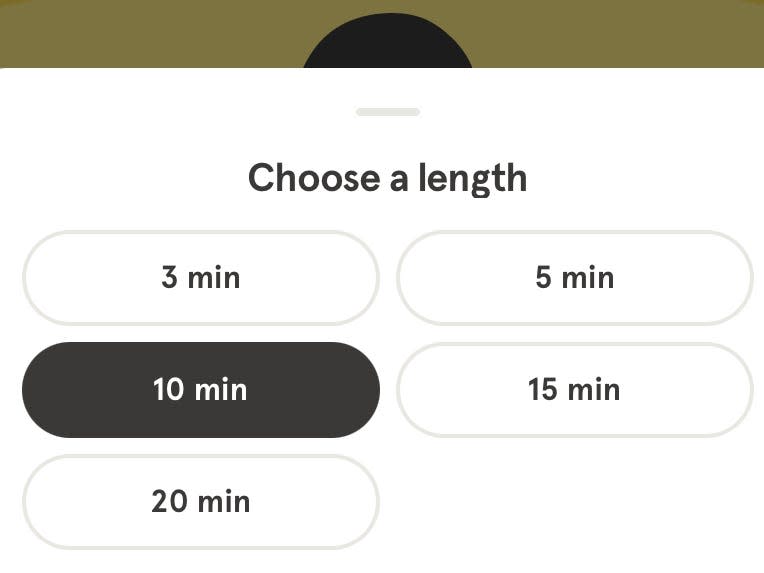 different options for the duration of a meditation in a screenshot of the meditation app Headspace