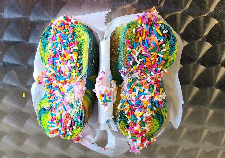 Brooklyn Dough with a Hole's rainbow bagel with strawberry cream cheese and sprinkles, $6.