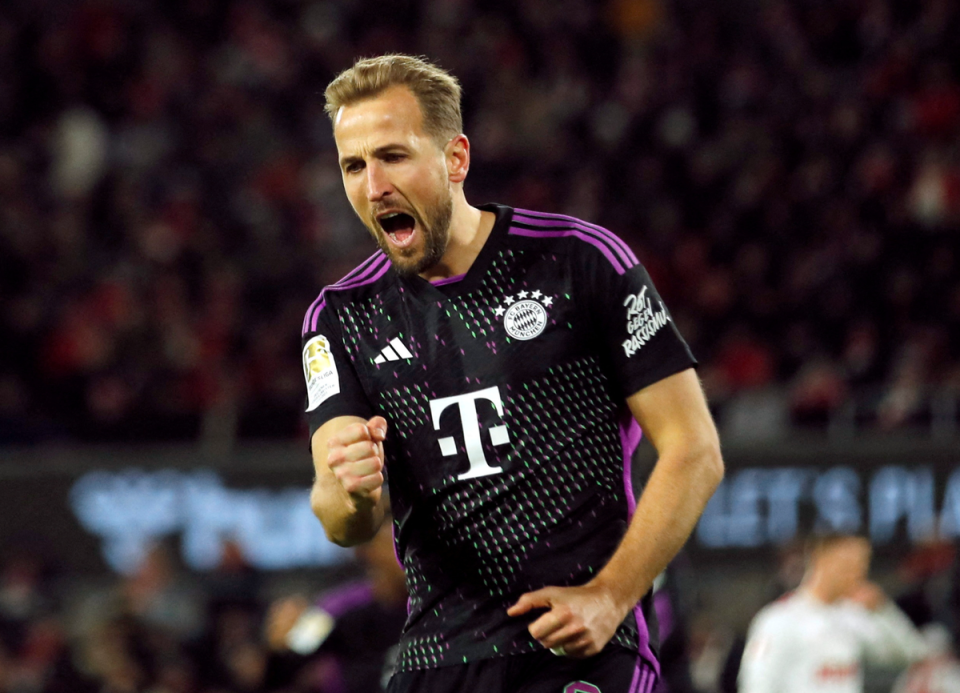 Bayern Munich's Harry Kane celebrates the team's first goal against FC Cologne on November 24 (Thilo Schmuelgen/Reuters)