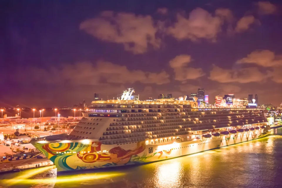 Norwegian Getaway Cruise Ship at sunrise in the Port of Miami via Getty Images