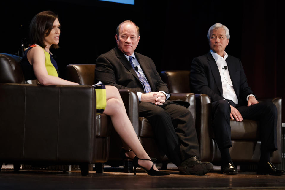 IMAGE DISTRIBUTED FOR JPMORGAN CHASE & CO. - Jennifer Piepszak, left to right, CEO of Business Banking, JPMorgan Chase, Detroit Mayor Mike Duggan and JPMorgan Chase & Co. Chairman and CEO Jamie Dimon participate in a fireside chat at the Masonic Temple as part of Detroit Startup Week on Tuesday, May 24, 2016 in Detroit. (Rick Osentoski/AP Images for JPMorgan Chase & Co.)
