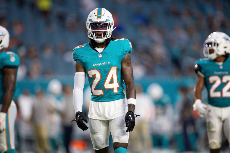 Miami Dolphins cornerback Cam Smith (24) during an NFL preseason football game against the Atlanta Falcons, Friday, Aug. 11, 2023 in Miami Gardens, Fla. (Brennan Asplen/Miami Dolphins via AP)