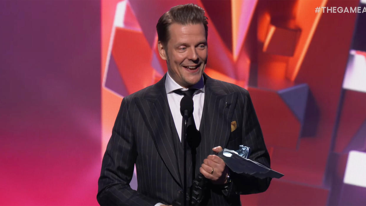  Photo of Remedy creative director Sam Lake accepting an award during The Game Awards 2023. 