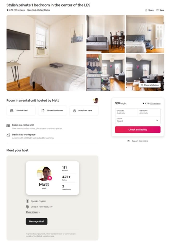 Boucher has rented rooms in the apartment out on Airbnb and Craigslist since Nov. 2021. Courtesy of Ed Yau