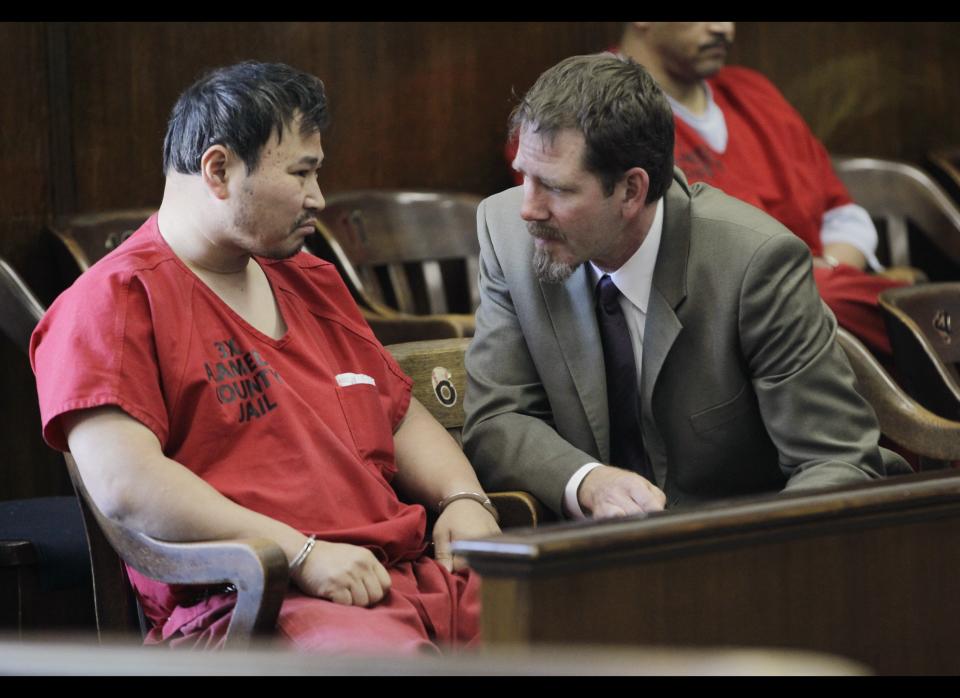 A gunman, identified by police as Korean-American One Goh, kills seven people and wounds three others in a shooting rampage at a Christian college in Oakland. The former nursing student pleaded not guilty to murder and attempted murder charges.<br>  <em>Caption: One Goh, left, listens to his attorney, Public Defender David Klaus, in an Alameda County Superior courtroom in Oakland, Calif., Monday, April 30, 2012. Goh, 43, plead not guilty to seven counts of murder and three counts of attempted murder for the fatal shooting rampage at Oikos University in Oakland on April 2, 2012. (AP Photo/Paul Sakuma)</em>