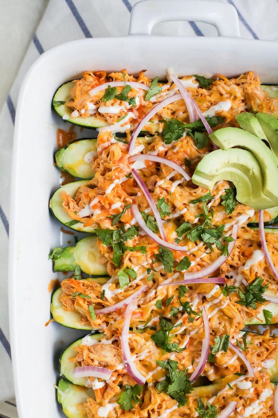 Buffalo Chicken Zucchini Boats from Joyful Healthy Eats