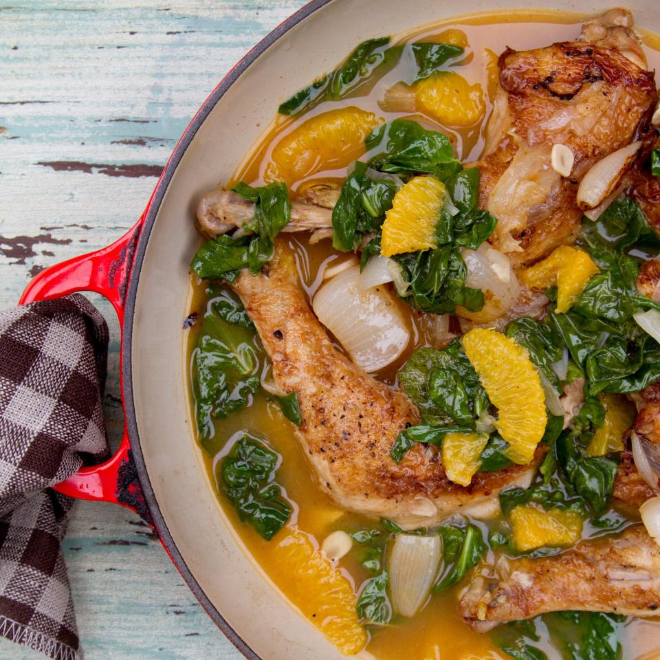 Cane Vinegar Chicken with Pearl Onions, Orange & Spinach