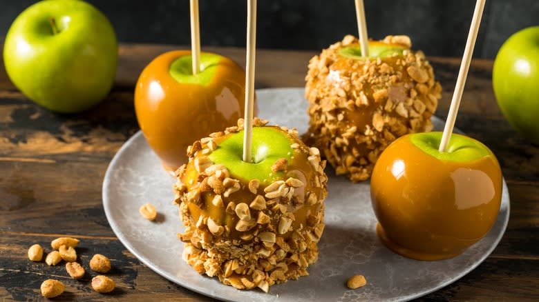 Caramel apples on plate