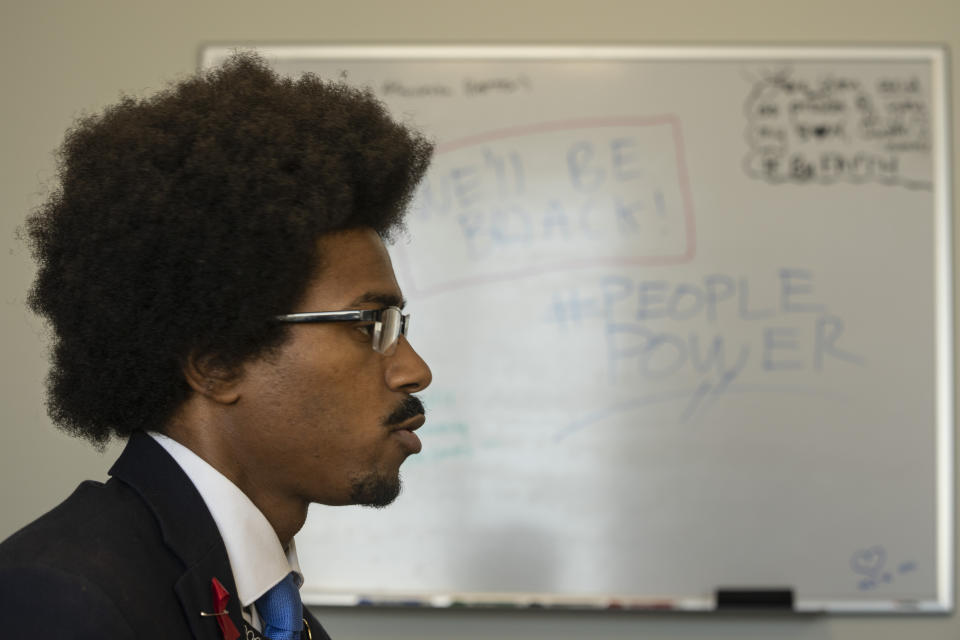 State Rep. Justin Pearson, D-Memphis, responds to questions during an interview at his office Monday, April 17, 2023, in Nashville, Tenn. (AP Photo/George Walker IV)