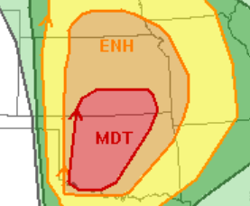The National Weather Service's Storm Prediction Center posted on its website this graphic showing the chances for severe weather Monday in various parts of Kansas and surrounding states.