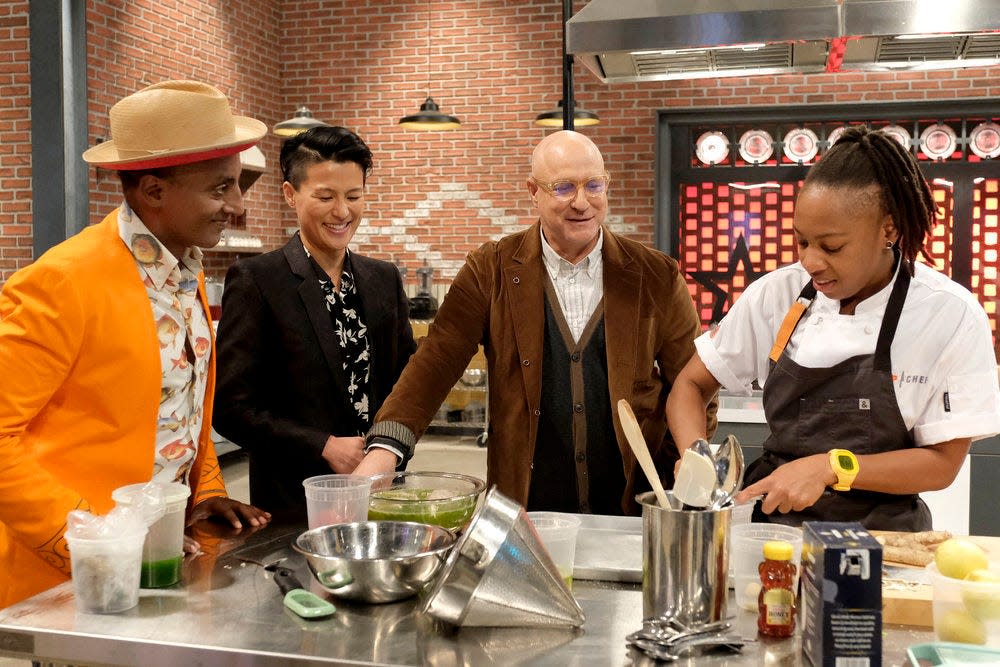 Ashleigh Shanti, of Asheville, with judges in the "Top Chef" episode titled "Dinner In Zero Gravity." Pictured: (l-r) Marcus Samuelsson, Melissa King, Tom Colicchio and Ashleigh Shanti.