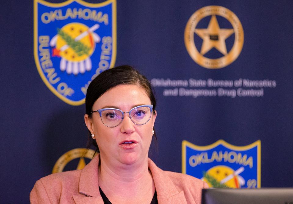 Oklahoma Medical Marijuana Authority Director Adria Berry speaks Tuesday about the Oklahoma Bureau of Narcotics' large-scale bust of marijuana trafficking organizations.