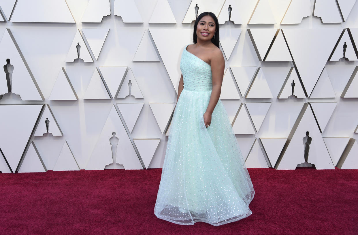 Yalitza Aparicio arrives at the Oscars on Sunday, Feb. 24, 2019, at the Dolby Theatre in Los Angeles. (Photo by Richard Shotwell/Invision/AP)