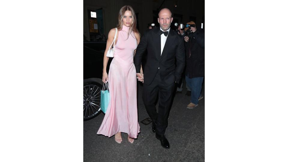 Rosie Huntington-Whiteley and Jason Statham seen attending Victoria Beckham's 50th birthday party at Oswaldâ€™s on April 20, 2024 in London, England
