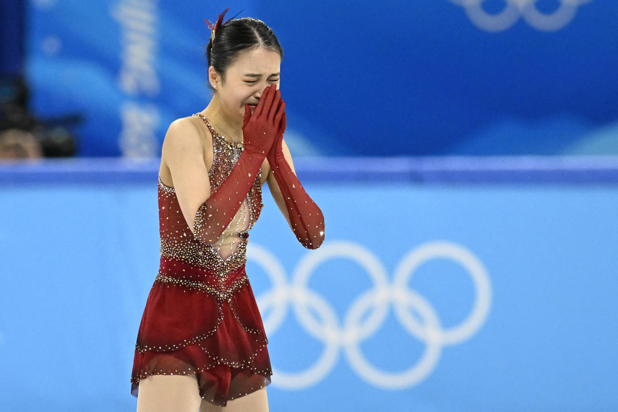 China's Zhu Yi reacts after competing in the women's single skating free skating of the figure skating team event during the Beijing 2022 Winter Olympic Games at the Capital Indoor Stadium in Beijing on February 7, 2022. (Photo by WANG Zhao / AFP) (Photo by WANG ZHAO/AFP via Getty Images)