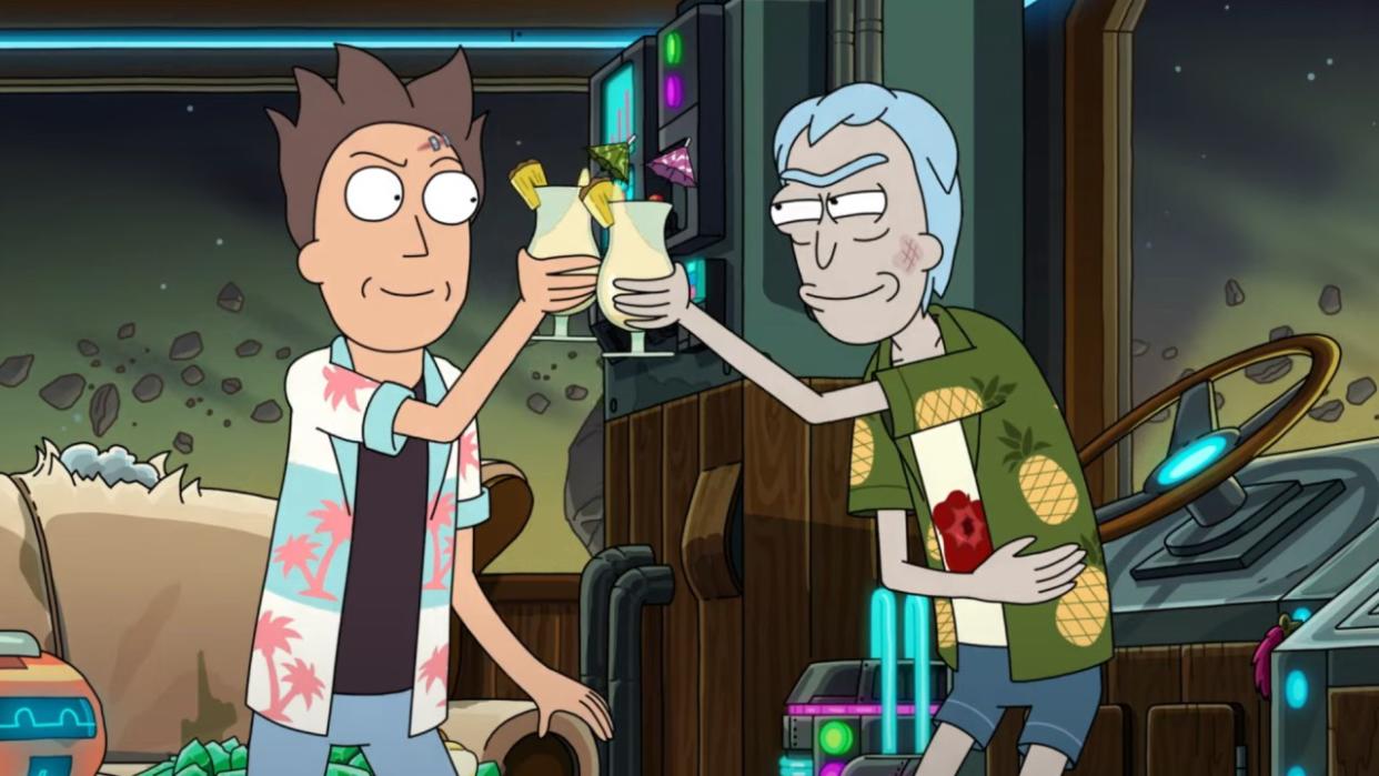  Jerry and Rick cheers with cocktails in RIck and Morty's Jerrick Trap. 