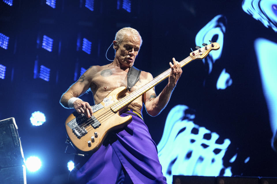 Flea of Red Hot Chili Peppers performs during the Bonnaroo Music & Arts Festival on Saturday, June 15, 2024, in Manchester, Tenn. (Photo by Amy Harris/Invision/AP)