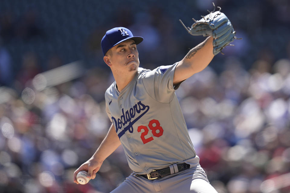 Los Angeles Dodgers starting pitcher Bobby Miller (28) delivers during the first inning of a baseball game against the Minnesota Twins, Wednesday, April 10, 2024, in Minneapolis. (AP Photo/Abbie Parr)